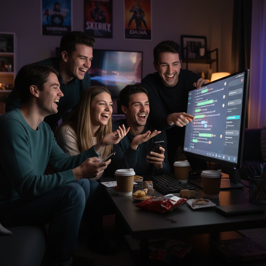 Grupa młodych ludzi wymienia się wiadomościami pełnymi skrótów i slangu, ekran komputera z widocznymi hasłami