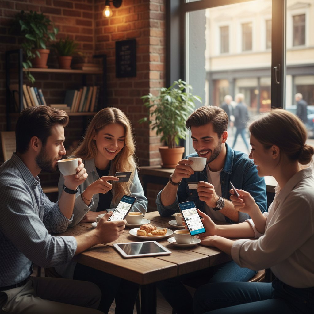 Grupa młodych ludzi korzystających z aplikacji mobilnej do rezerwacji hotelu w kawiarni