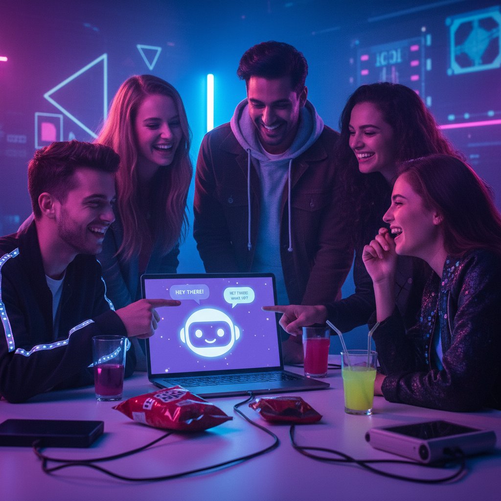 Grupa młodych osób rozbawiona w neonowym świetle, wspólna zabawa z chatbotem na laptopie