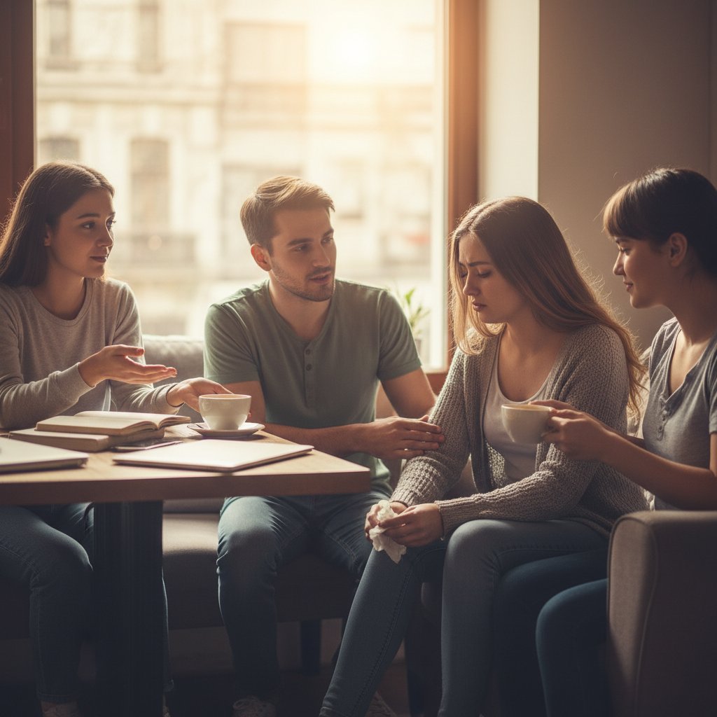 Grupa młodych ludzi, z których jedna osoba wyraźnie zamyślona i smutna na tle wesołego tłumu, słowa kluczowe: stres po rozstaniu, wsparcie emocjonalne