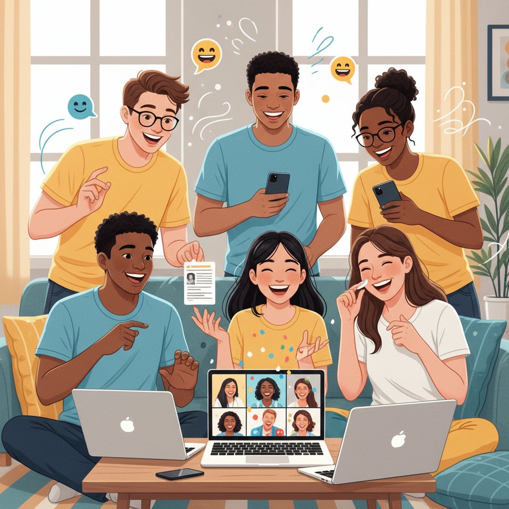 Grupa młodych ludzi razem online, śmiech i pozytywne emocje