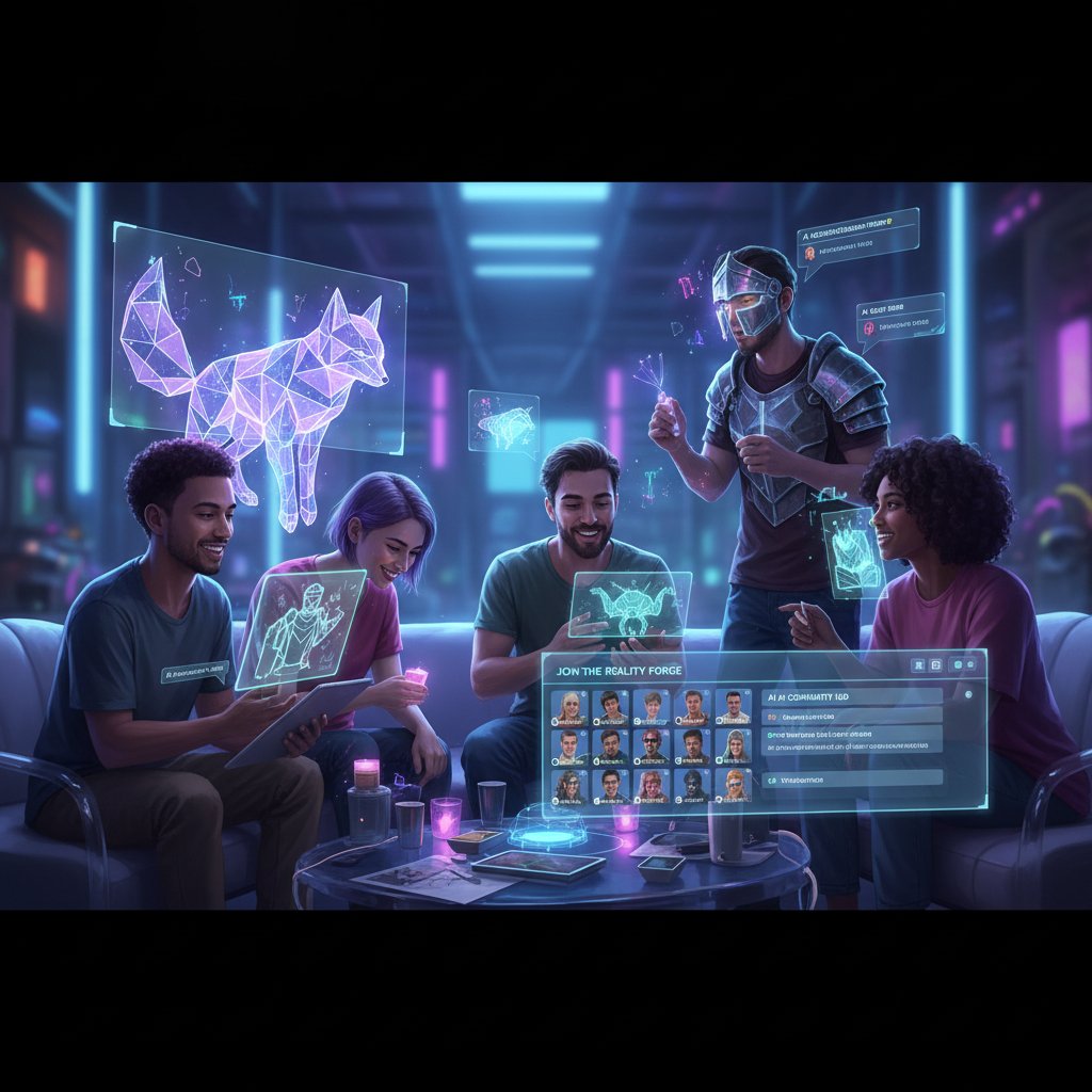 Zdjęcie grupy młodych ludzi rozmawiających online, z widocznym awatarem AI jako częścią konwersacji – wizualizacja hybrydowej społeczności 2.0