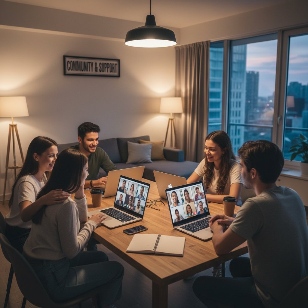 Grupa młodych osób rozmawia online na laptopach w nowoczesnym mieszkaniu, ewolucja rozmów terapeutycznych