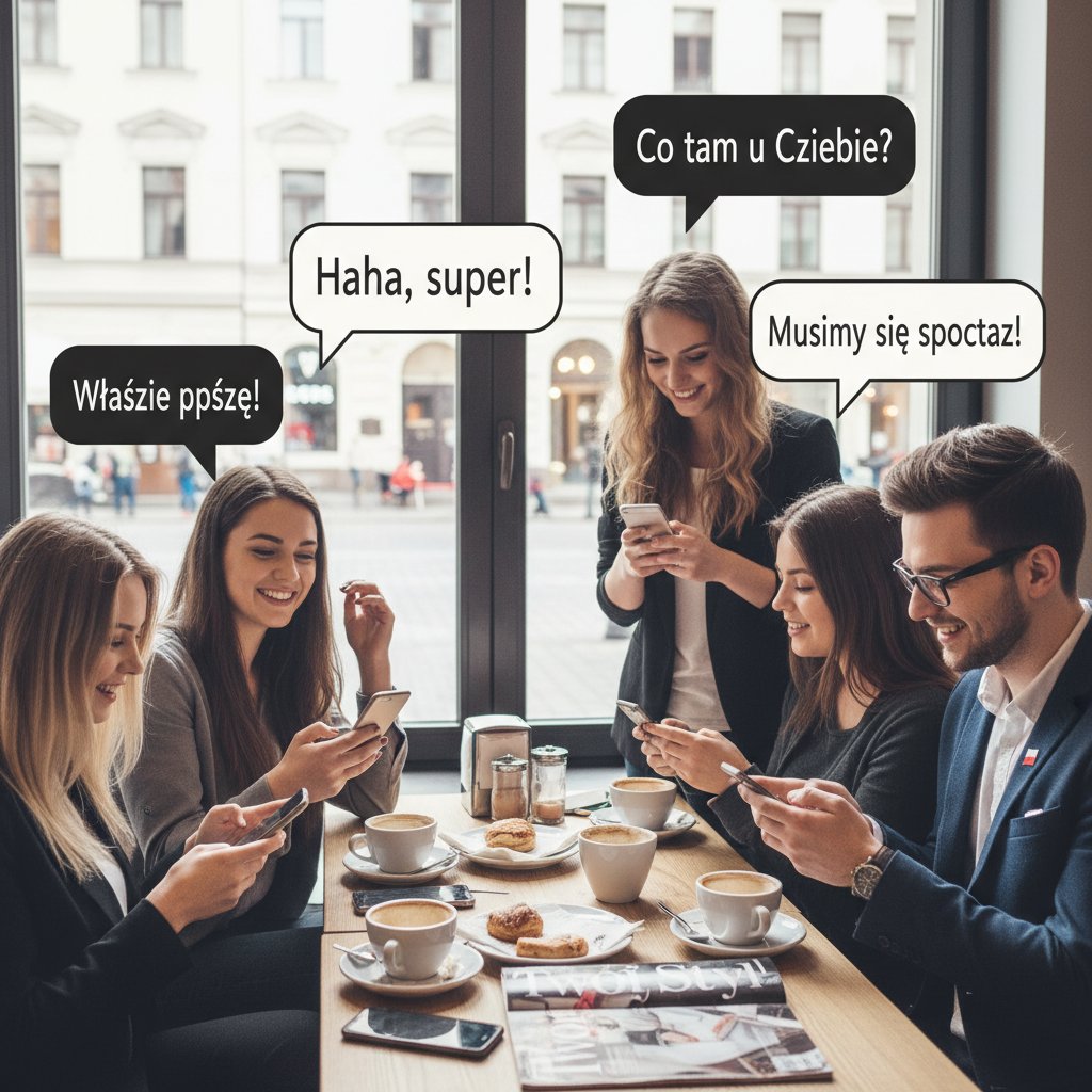 Grupa młodych ludzi rozmawiających przez czat online na smartfonach