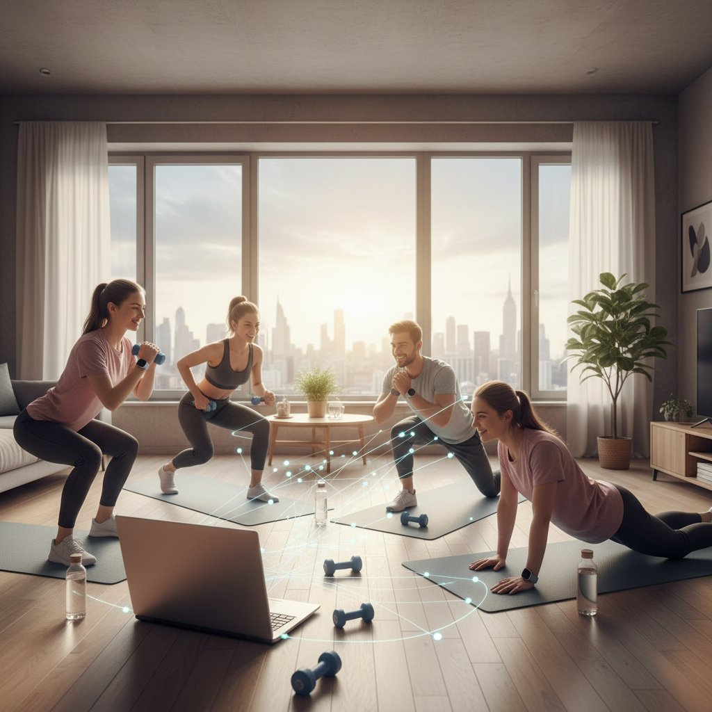 Grupa młodych ludzi podczas treningu online z laptopami w domowym wnętrzu