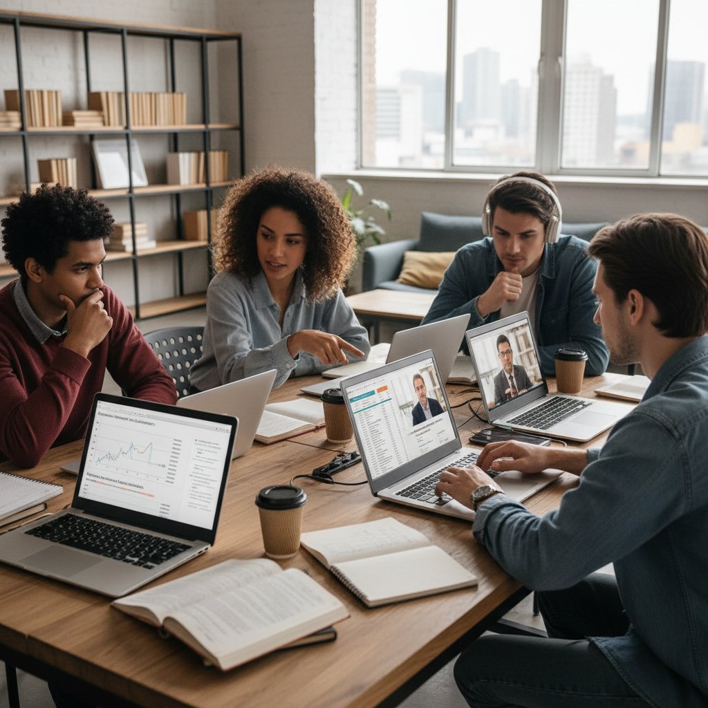 Grupa młodych ludzi podczas wspólnej nauki ekonomii online, uśmiechnięci, otwarty laptop