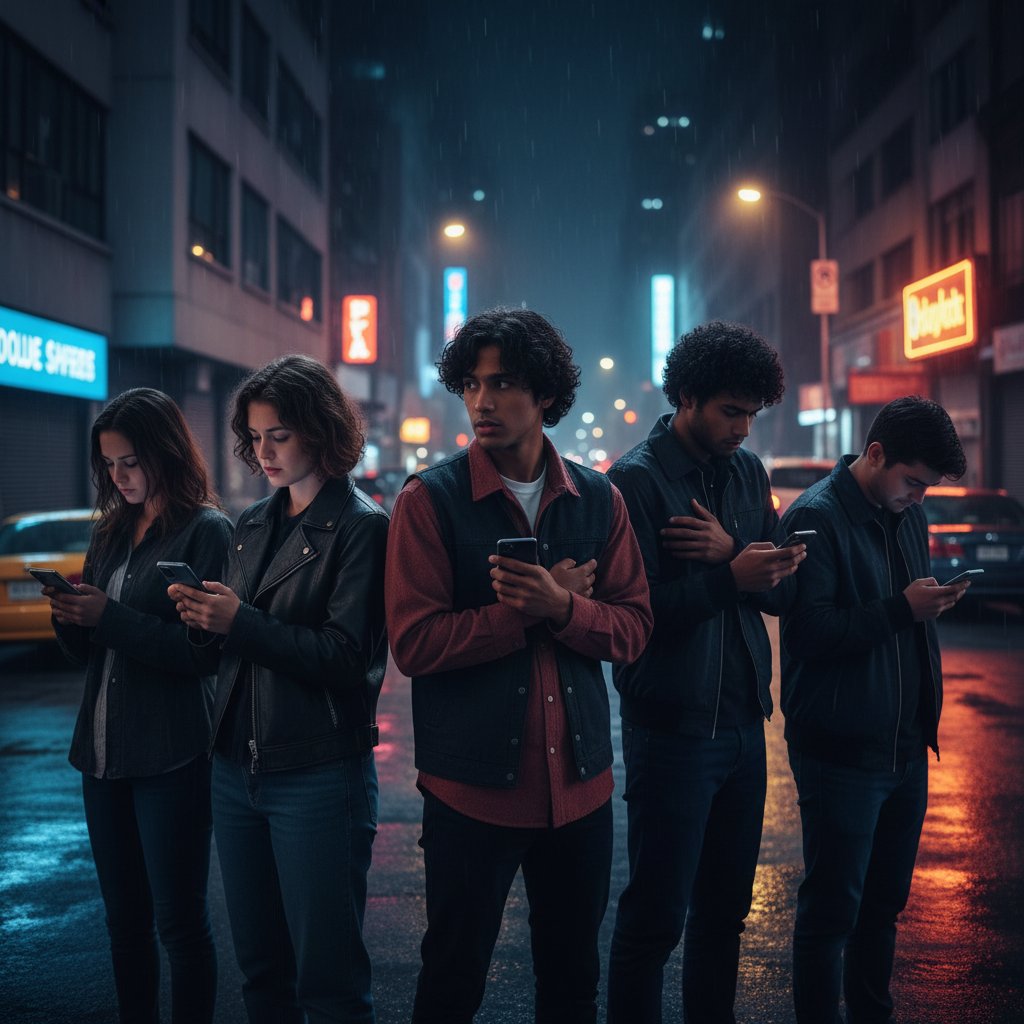 Grupa młodych ludzi przeglądająca smartfony, na ich twarzach mieszanka rozbawienia i niepokoju