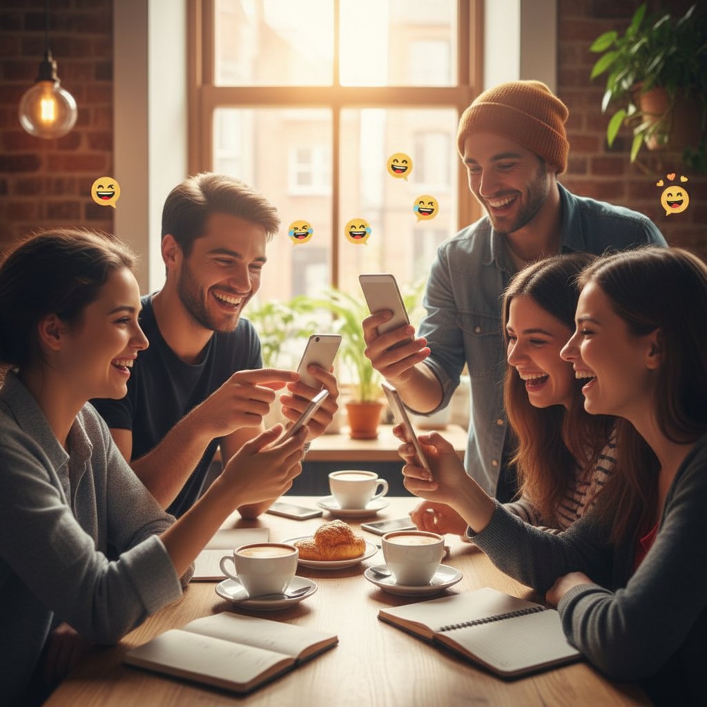 Grupa młodych ludzi z telefonami, uśmiechnięci, zanurzeni w rozmowie online