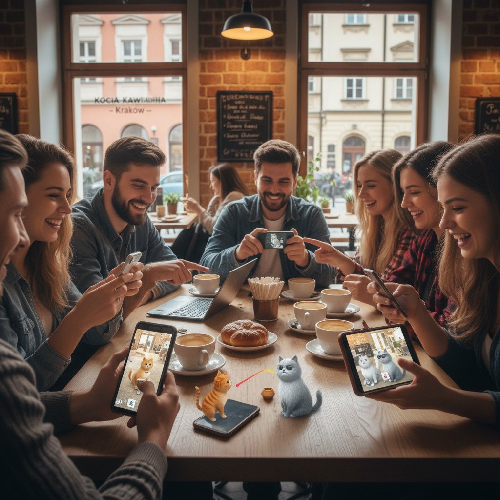 Grupa młodych Polaków grających na smartfonach z wirtualnymi kotkami, przy stole w kawiarni