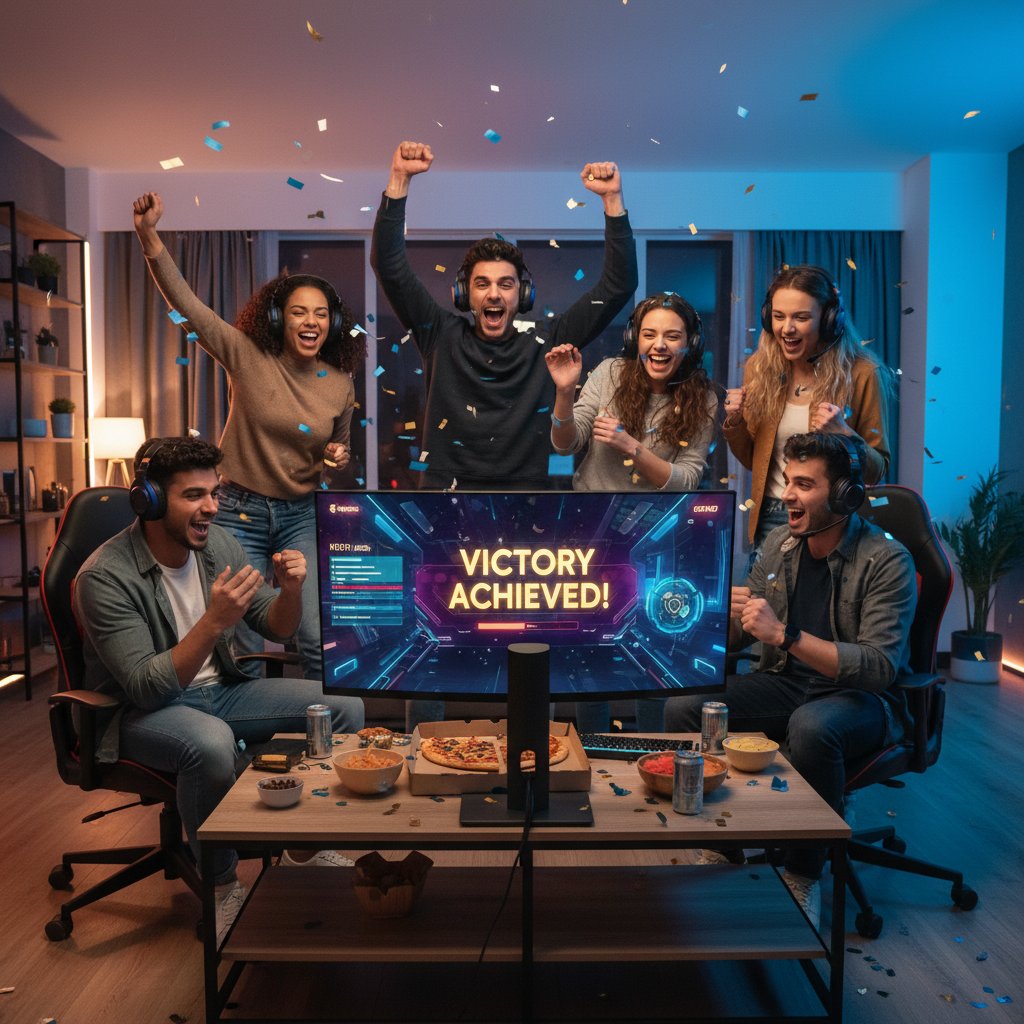 Grupa młodych ludzi grających wspólnie online, celebrujących sukces przy komputerach