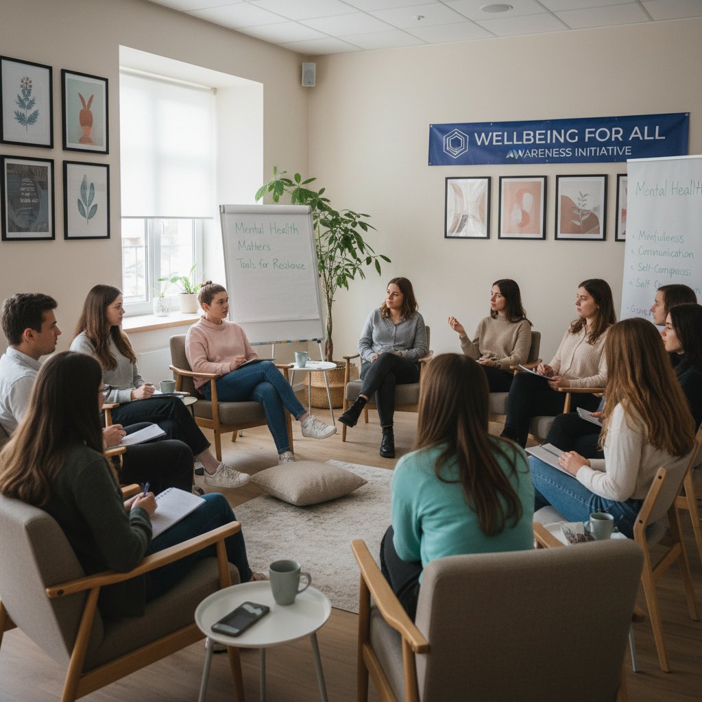 Grupa młodych ludzi na warsztatach psychologicznych, symbol przemian w podejściu do zdrowia psychicznego