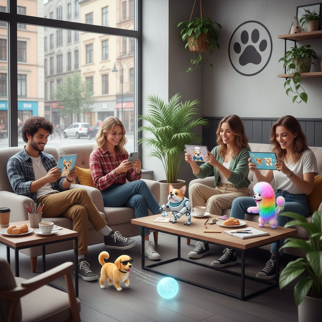 Grupa młodych ludzi podczas relaksujących rozmów z AI pieskami w kawiarni