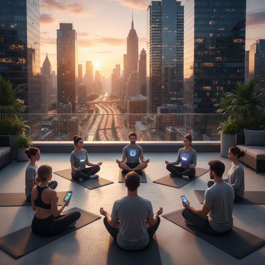 Grupa młodych osób na dachu miasta, medytujących z telefonami – cyfrowy spokój jako nowa norma
