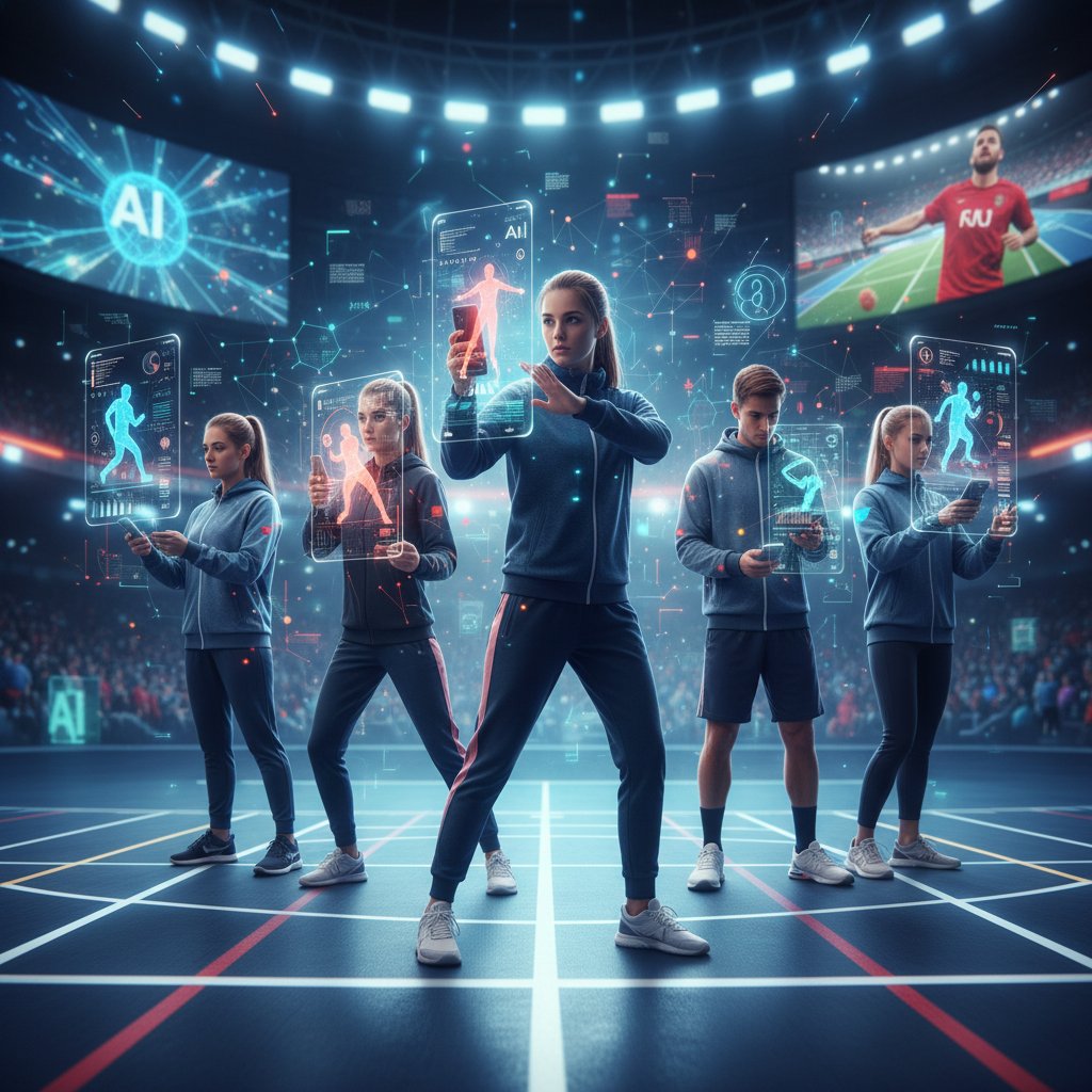 Grupa młodych ludzi korzystających ze smartfonów, sportowy klimat, nowoczesność, AI w tle