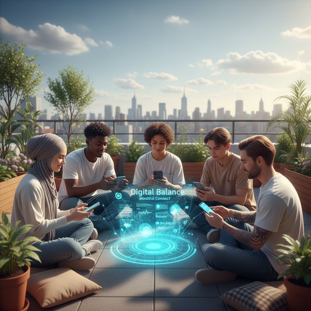 Gruppe junger Menschen mit Smartphones, diskutiert digital gestützte Stressbewältigung, Diversität und Gemeinschaft