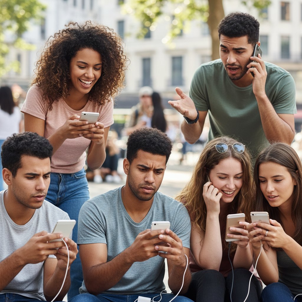 Grupa młodych ludzi, smartfony w dłoniach, rozmawiający swobodnie, symbolizujący otwartość pokolenia Z na emocje