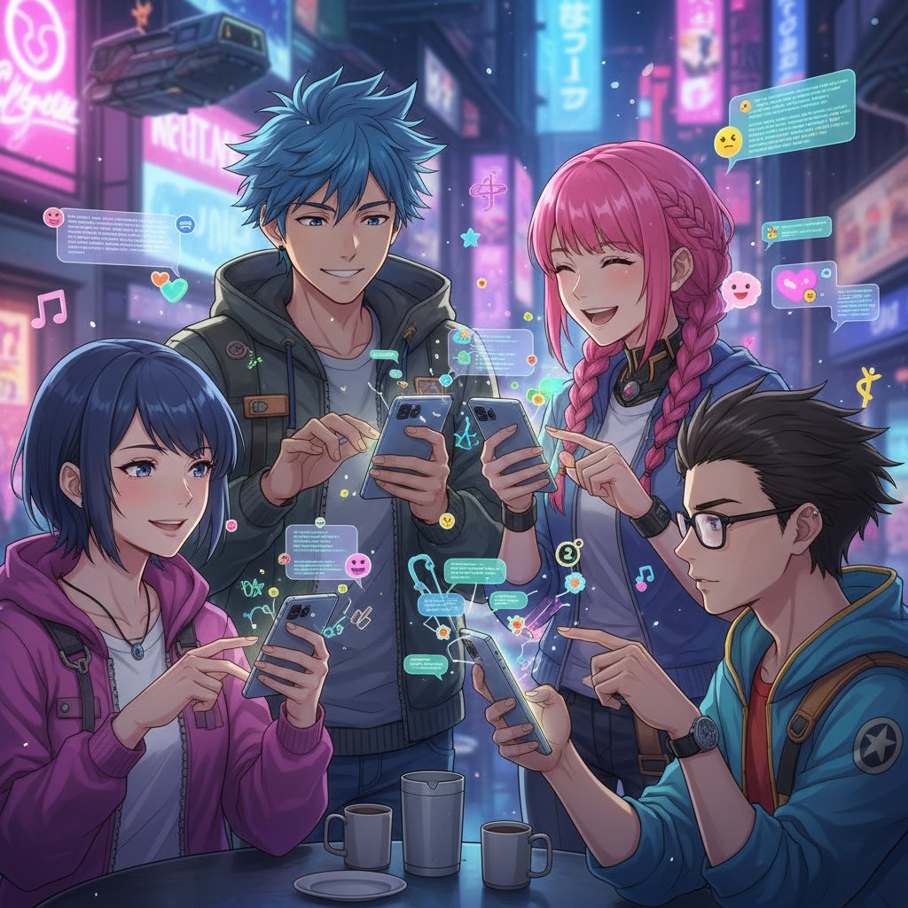 Kolaż młodych osób z telefonami, ekranami i wyświetlonymi konwersacjami w stylu anime/manga – oddanie estetyki i atmosfery wirtualnych relacji