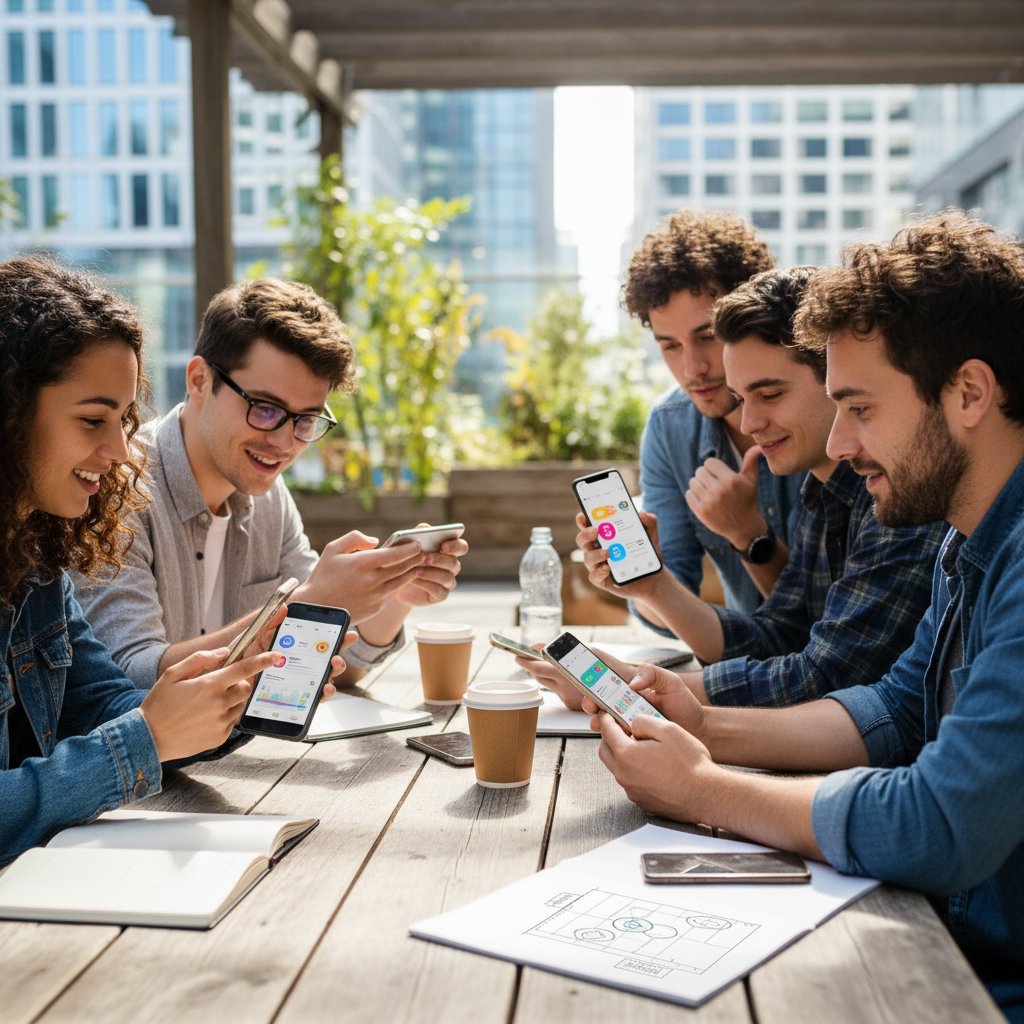 Grupa młodych ludzi testujących aplikacje na smartfonach, symbolizująca wybór narzędzi wsparcia