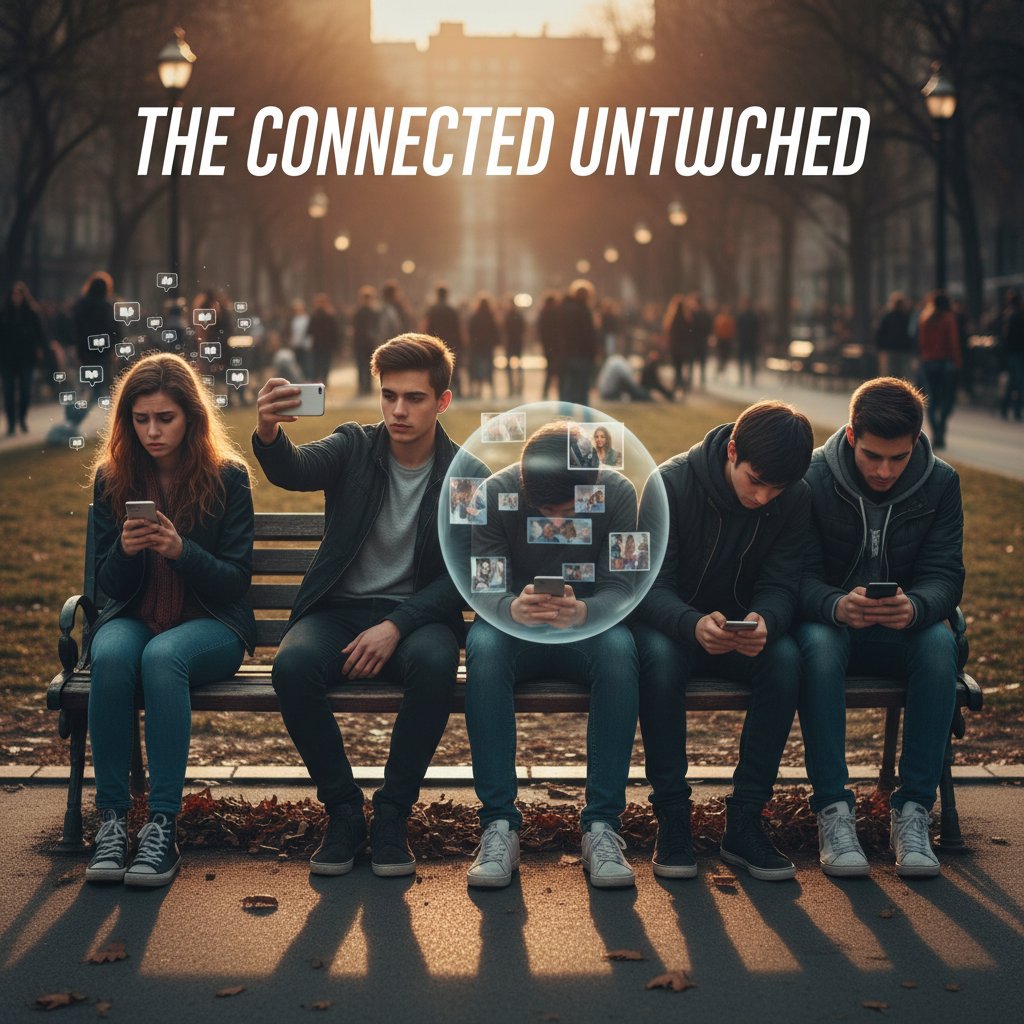 Grupa młodych ludzi z telefonami, każdy zamknięty we własnym świecie, na tle miejskiego parku, ilustracja alienacji społecznej w Polsce, słowa kluczowe: presja social mediów, izolacja, młodzież