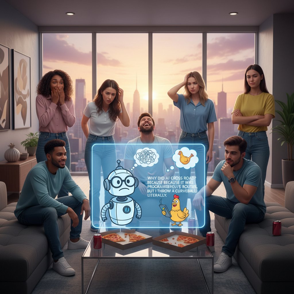 Grupa młodych ludzi zaskoczona nietrafionym żartem AI, mieszane reakcje, nowoczesna sceneria