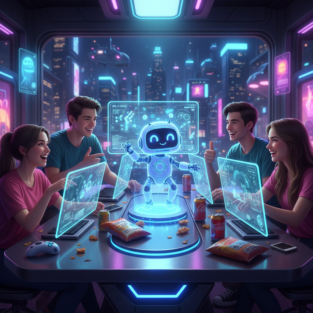 Grupa młodych ludzi rozmawia przy stole, na ekranie komputera wyświetlony AI-avatar, klimat zabawy