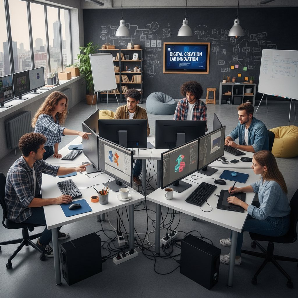 Grupa młodych ludzi pracujących zespołowo przy komputerach, kreatywna praca, edukacja cyfrowa