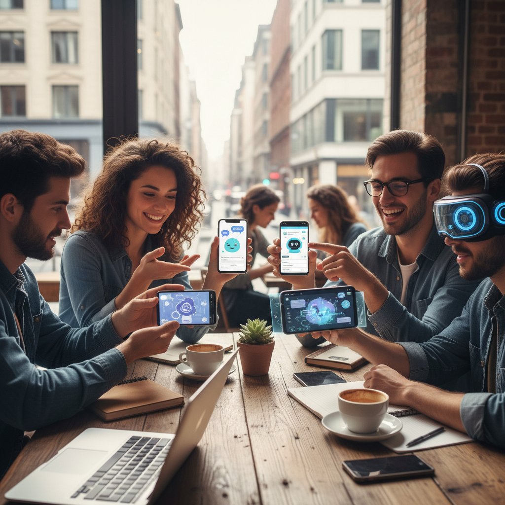 Grupa młodych ludzi testujących różne aplikacje AI na smartfonach, słowa kluczowe: wybór AI kumpla, testowanie botów