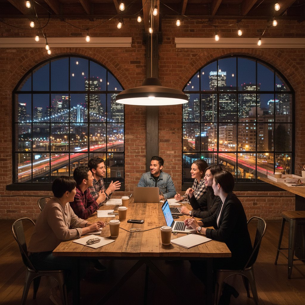 Grupa młodych ludzi siedzi razem w urbanistycznym lofcie, nocna panorama miasta w tle, żywa dyskusja