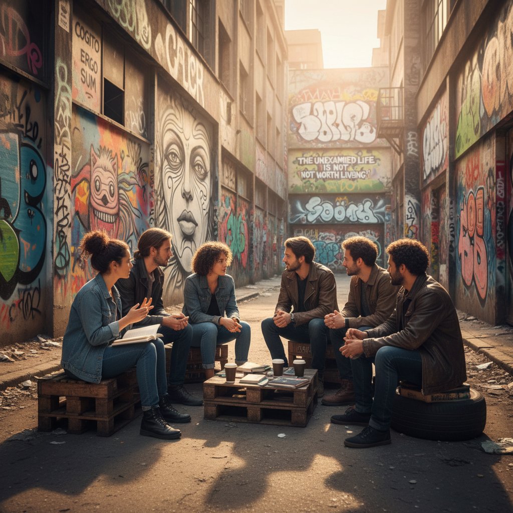 Grupa młodych ludzi dyskutuje na tle miejskiego krajobrazu, w tle graffiti z motywami filozoficznymi