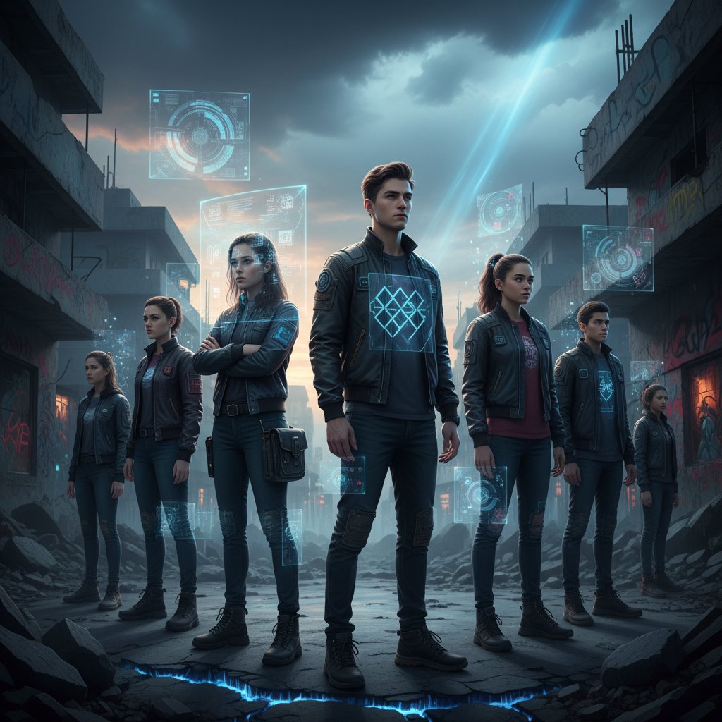 Grupa młodych ludzi w miejskim otoczeniu, symbolizująca nowe pokolenie i ich reakcje obronne