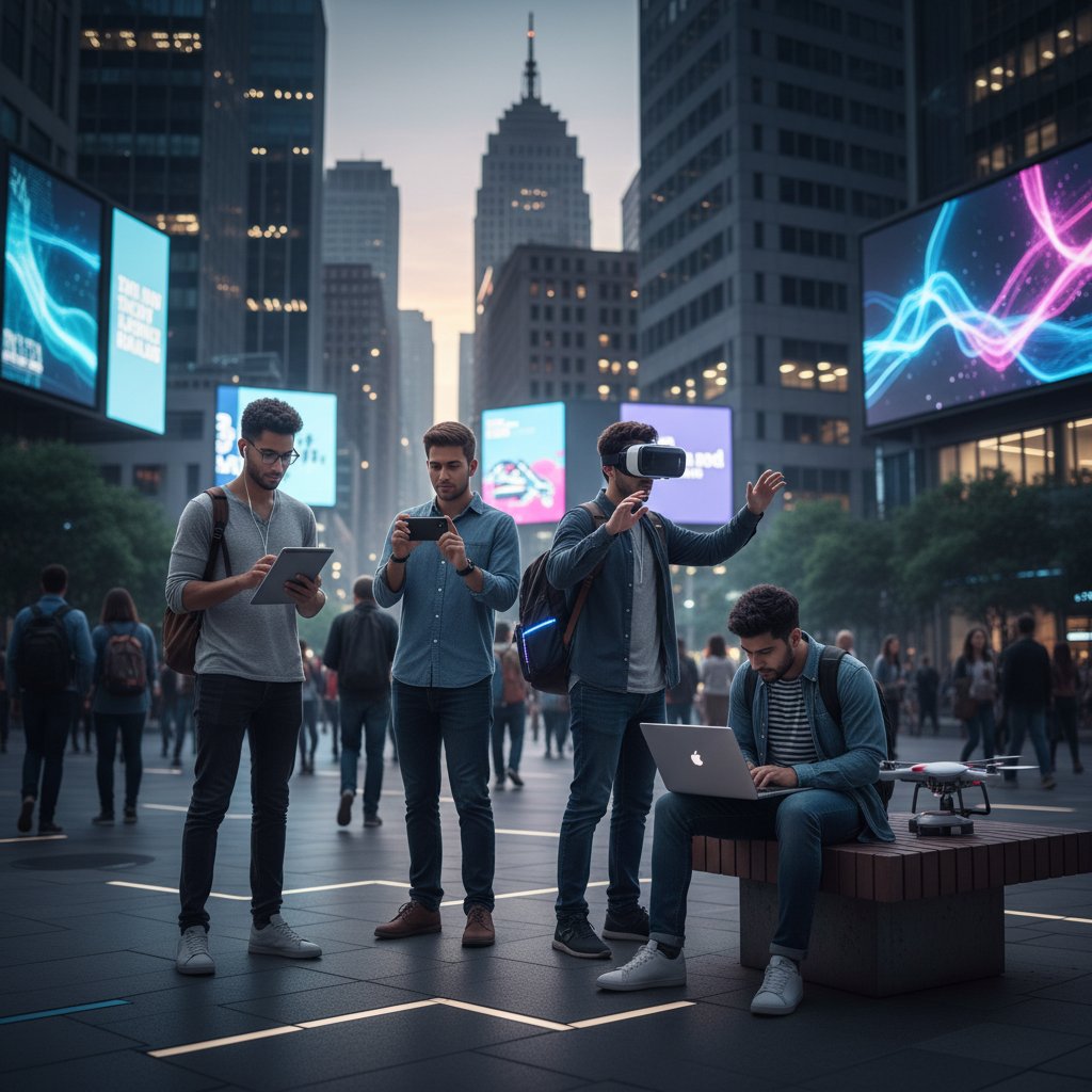 Grupa młodych ludzi korzystająca z nowoczesnych technologii do rozmów online w miejskim otoczeniu