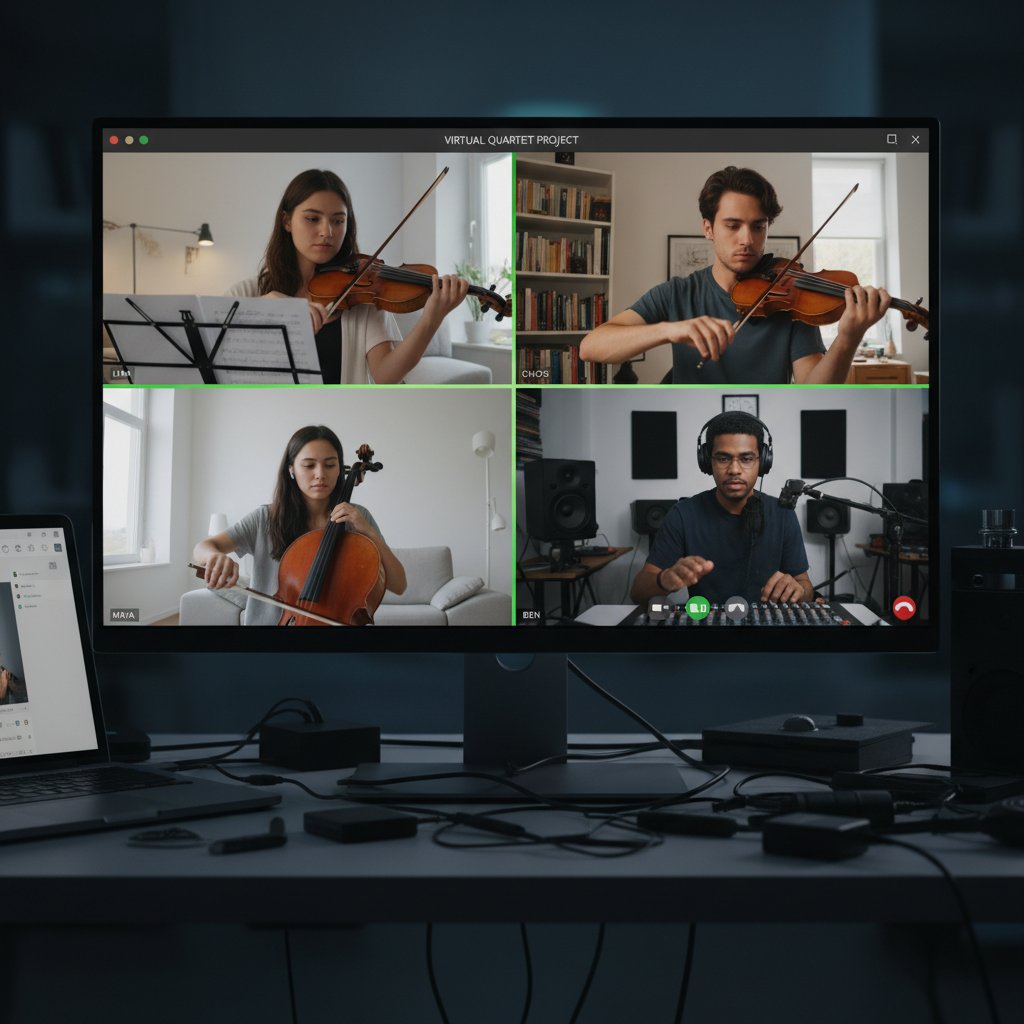Grupa młodych ludzi ćwiczących skrzypce podczas wspólnej wideorozmowy