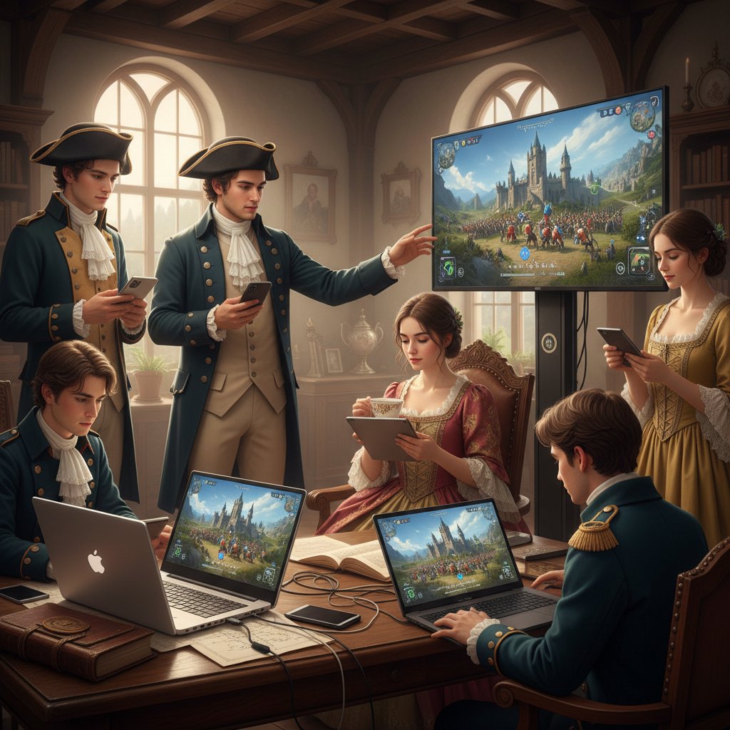 Grupa młodych ludzi uczestniczy w wirtualnej rekonstrukcji wydarzeń historycznych na laptopach i tabletach