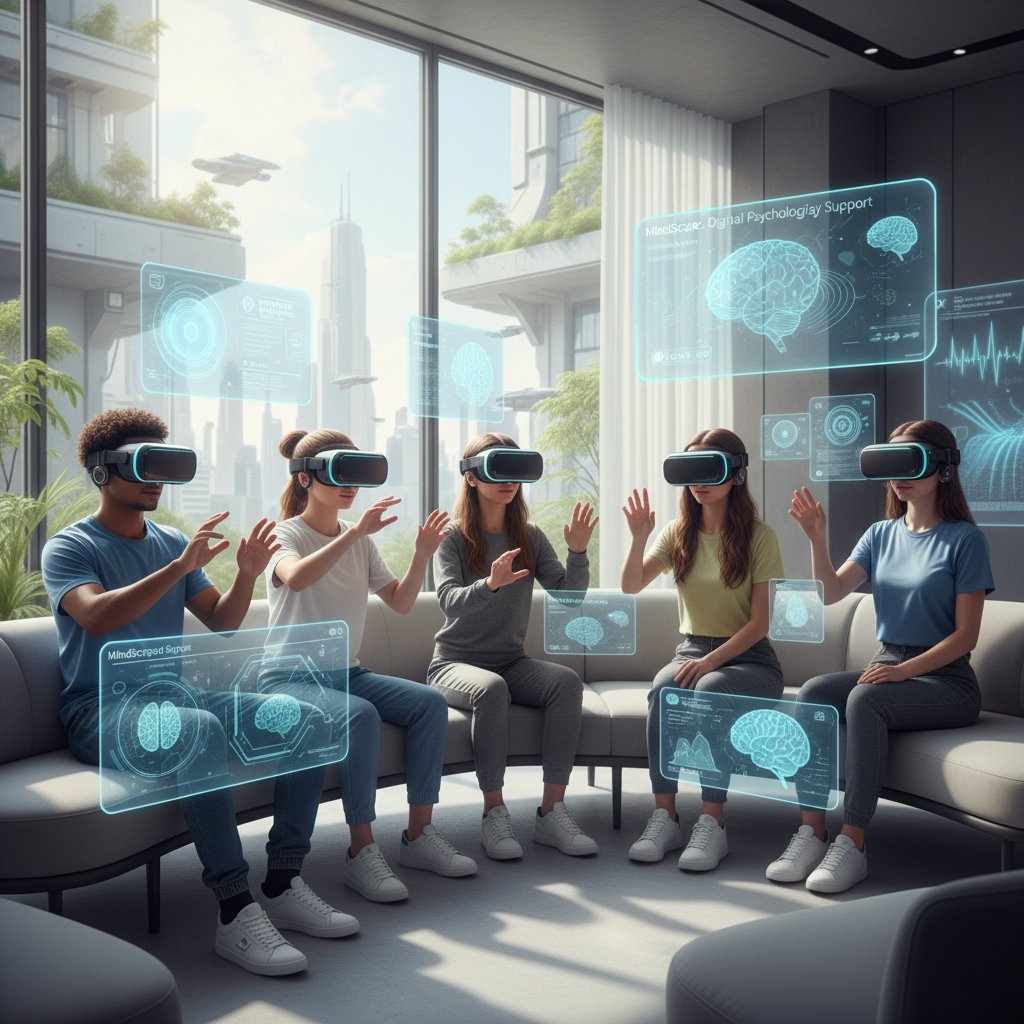 Grupa młodych ludzi z urządzeniami VR, zanurzeni w cyfrowym świecie wsparcia psychologicznego