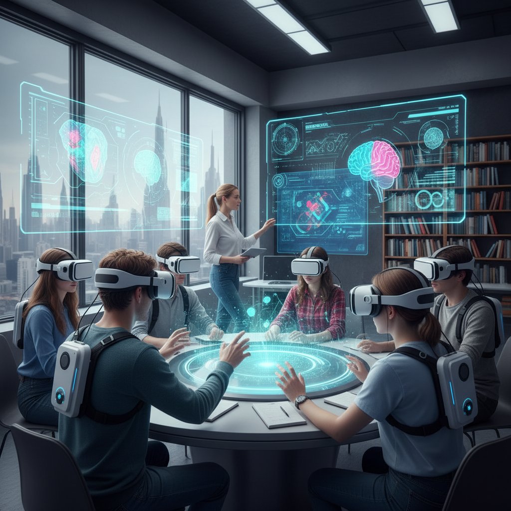Grupa młodych ludzi korzystających z okularów VR podczas lekcji, dynamiczna scena