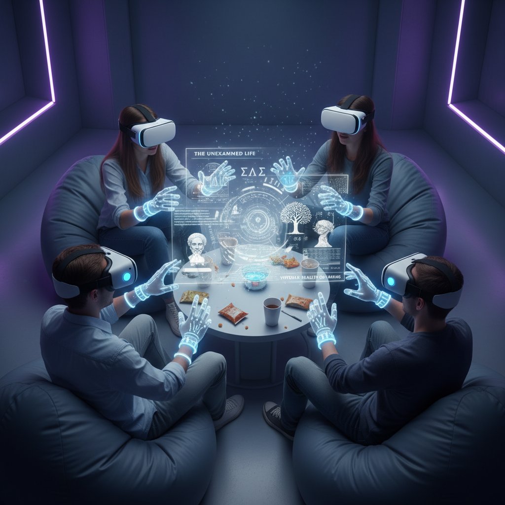 Grupa młodych ludzi gra wspólnie w grę VR z motywami filozofii, skupienie i zaangażowanie