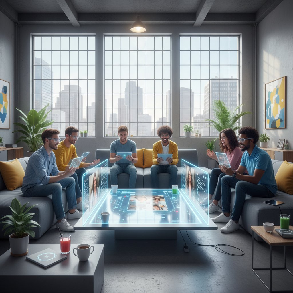 Grupa młodych ludzi rozmawiających online, pozytywna atmosfera, nowoczesna przestrzeń