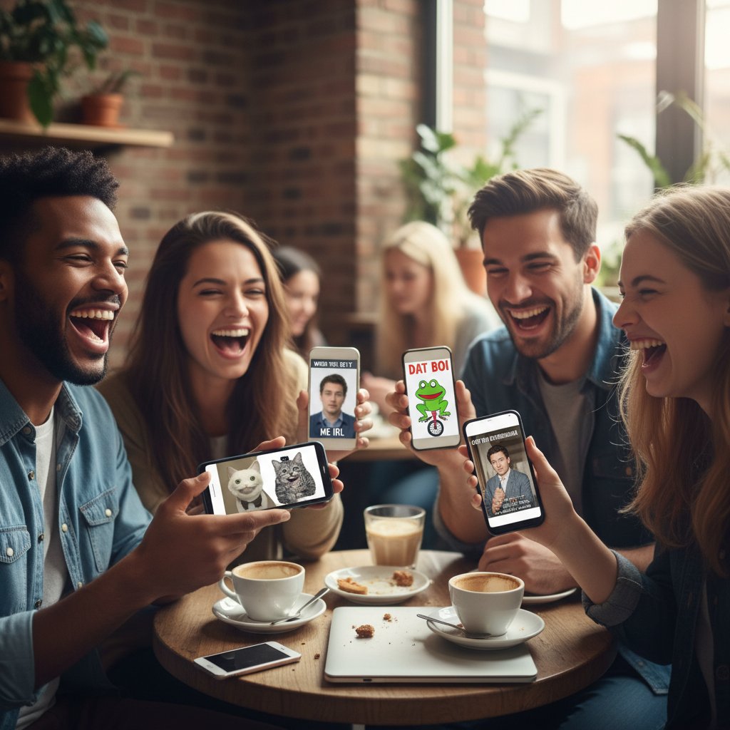 Grupa młodych osób śmiejąca się przy smartfonach, memy na ekranach