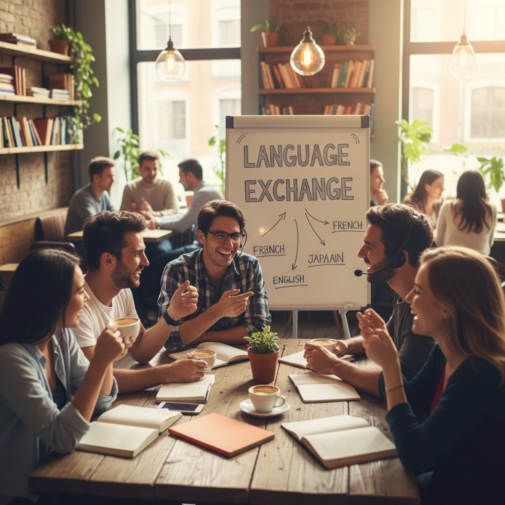 Grupa młodych ludzi rozmawiających w kawiarni, różne narodowości