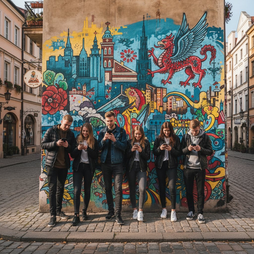 Grupa młodych osób przy muralu rozmawia na smartfonach, polski slang w powietrzu