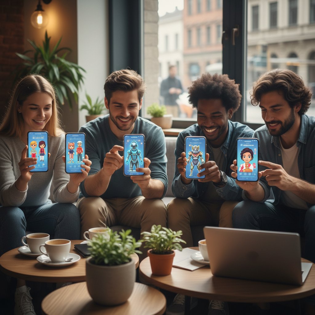 Grupa młodych ludzi korzystających z różnych generatorów avatarów na smartfonach