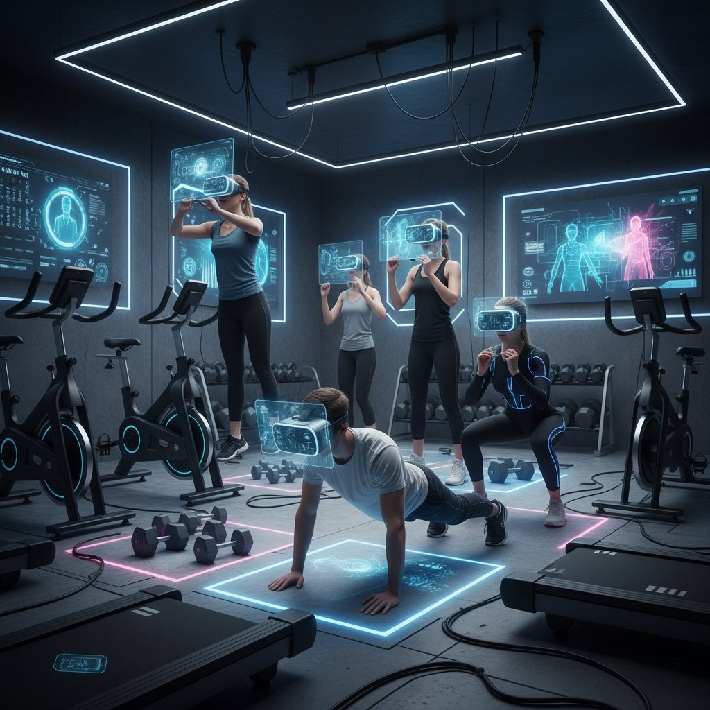 Grupa młodych Polaków ćwiczących w domu z pomocą VR i AI, uśmiechnięci, z nowoczesnym sprzętem