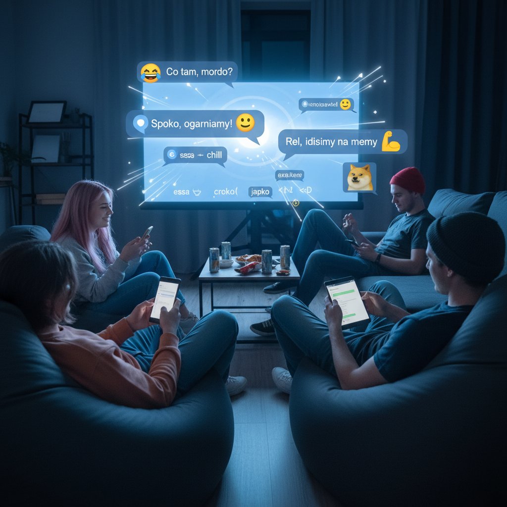 Grupa młodych Polaków rozmawia online używając slangu i nowych wyrażeń, język cyfrowy