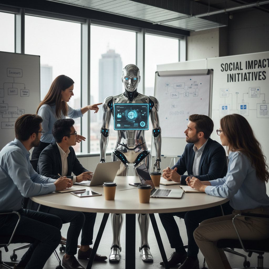 Grupa ludzi rozmawiająca z humanoidalnym robotem w biurze, napięta atmosfera. Tematyka: AI w pracy, społeczne skutki AI emocjonalnej