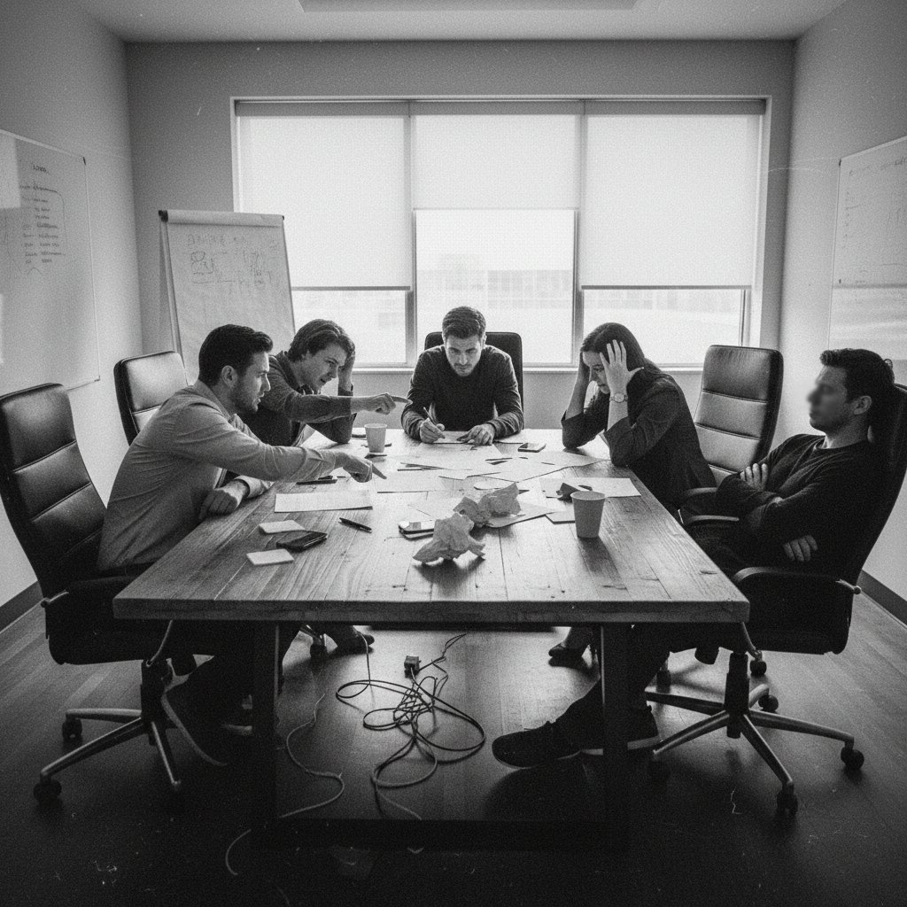 Grupa osób przy stole w pracy, jedna osoba wycofana, wyczuwalne napięcie.