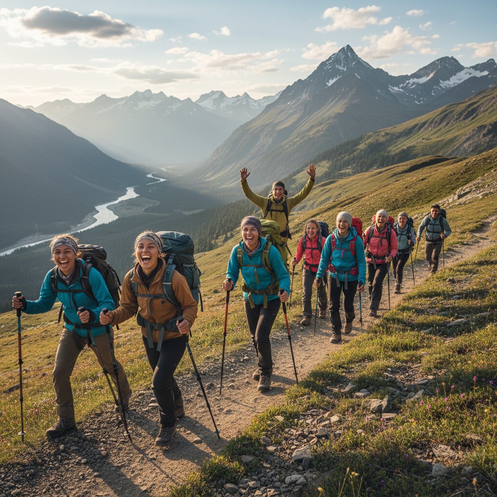 Grupa ludzi na górskim szlaku, aktywność outdoor, radość z bycia razem