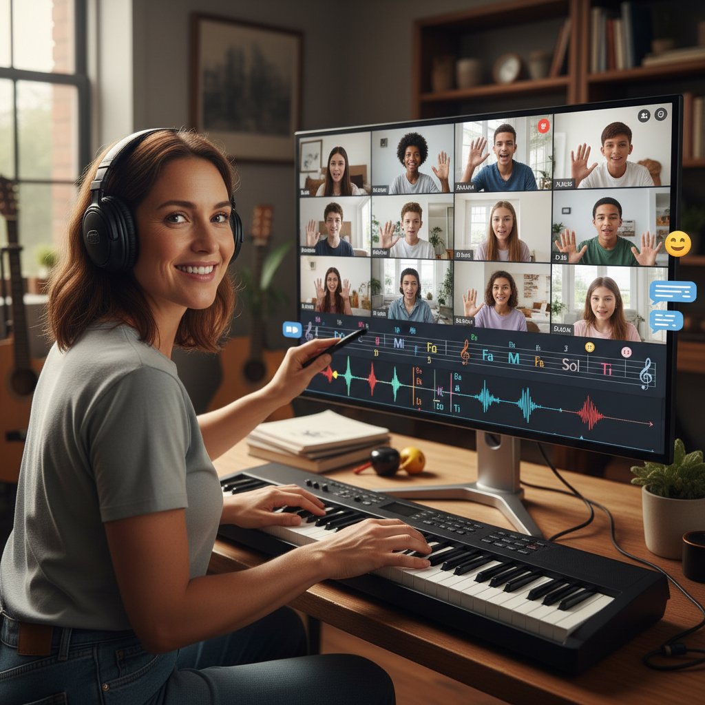 Grupowa lekcja muzyki online z nauczycielem i uczniami korzystającymi z platformy edukacyjnej