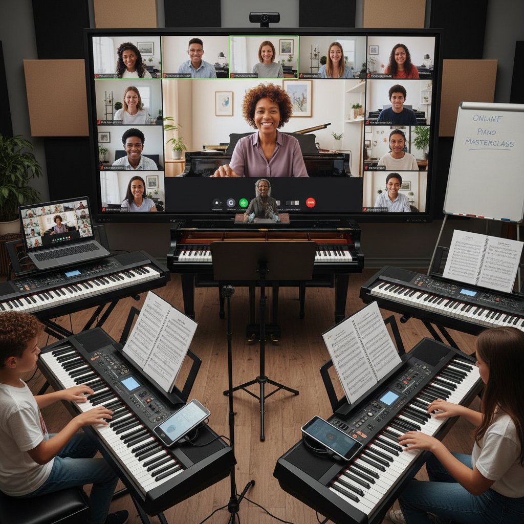 Grupa uczniów podczas wspólnej, zdalnej lekcji fortepianu – wsparcie społeczności online