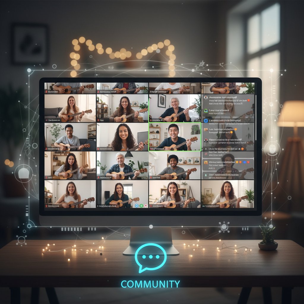 Zrzut ekranu z grupowej lekcji ukulele online z czatem, oddający atmosferę wspólnego muzykowania na odległość