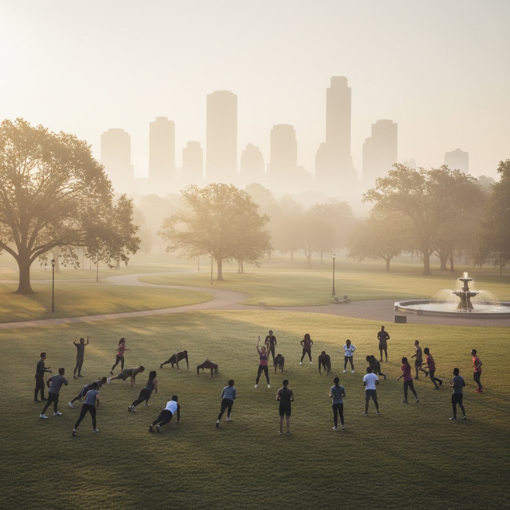 Grupa ćwiczących w warszawskim parku o świcie, trening personalny outdoor, motywacja poranna